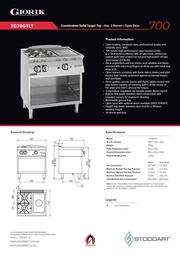 Giorik 700 Series TG74GTLT - Cook Top With Open Base