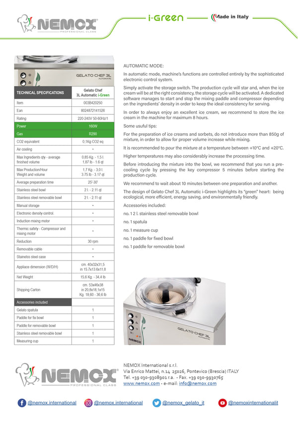 Sammic 3L Auto I-Green - Ice Cream Machine