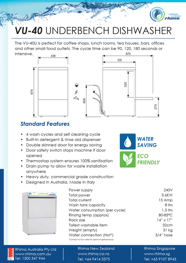 Rhima VU-40 - Underbench Glasswasher