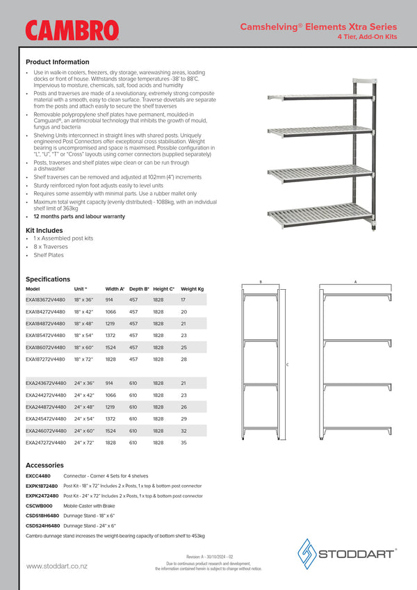 Cambro Camshelving Elements Series EXA243672V4480 - Four Tier Add-On Kit