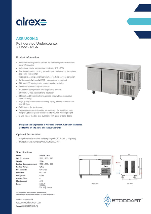 Airex AXR.UCGN.2.900H - Underbench Fridge
