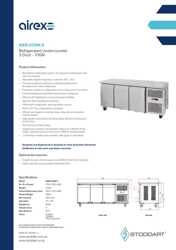 Airex AXR.UCGN.3.900H - Underbench Fridge