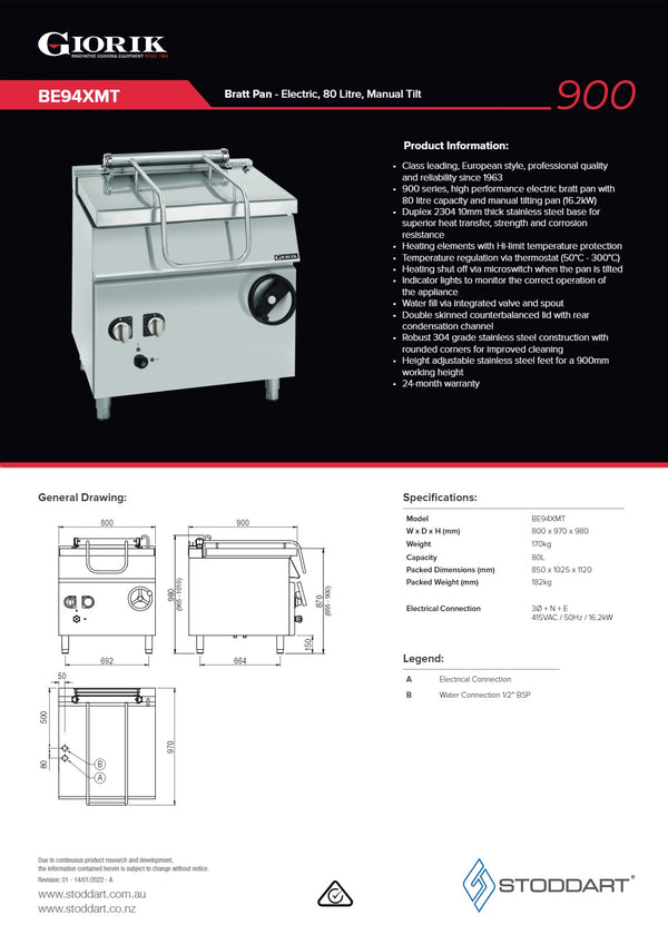 Giorik BE94XMT - Manual Tilt Bratt Pan