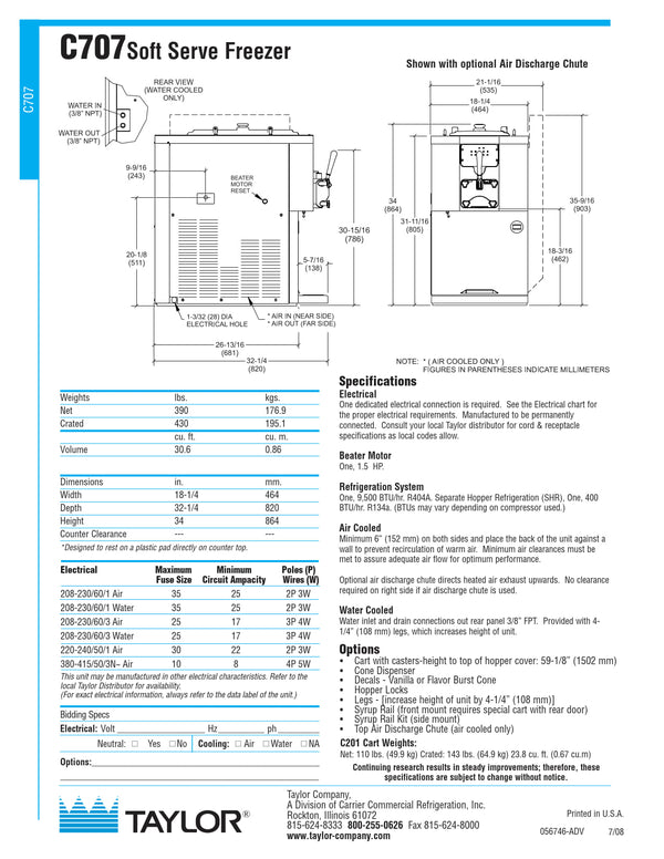 Taylor C707 - Single Flavour Soft Serve Freezer