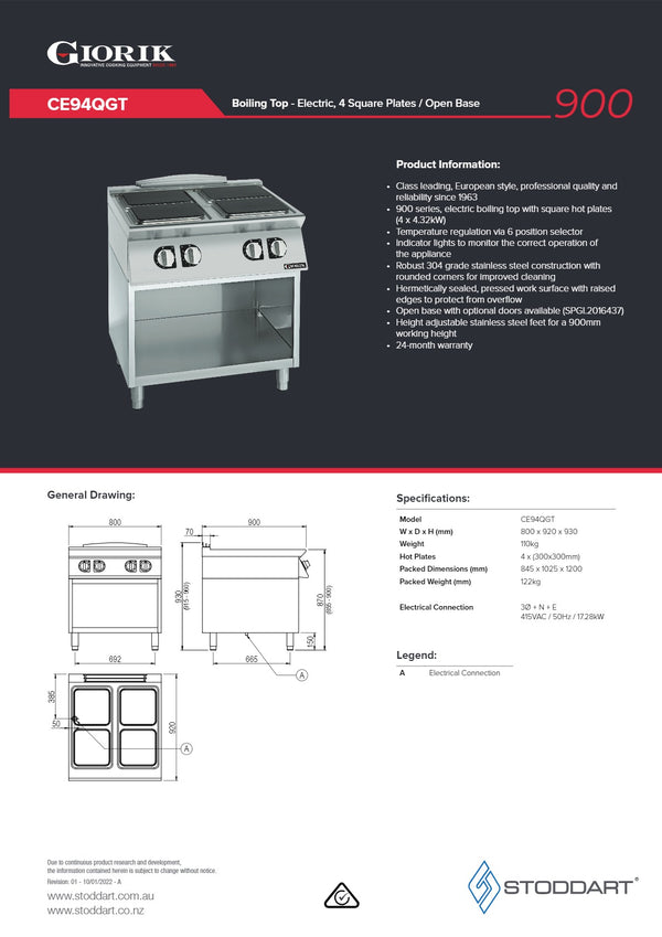 Giorik CE94QGT - 4 Burner Cook Top on Open Base