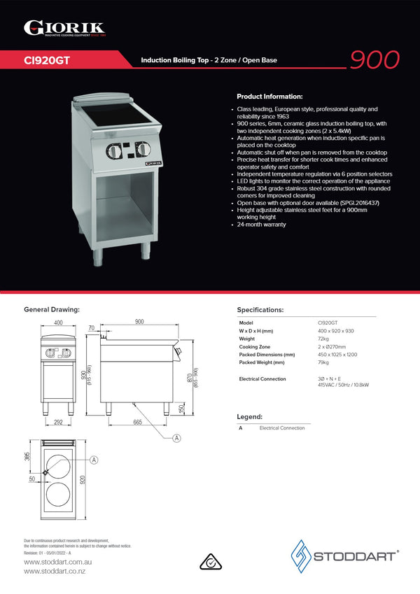 Giorik CI920GT - Induction Cook Top on Open Base