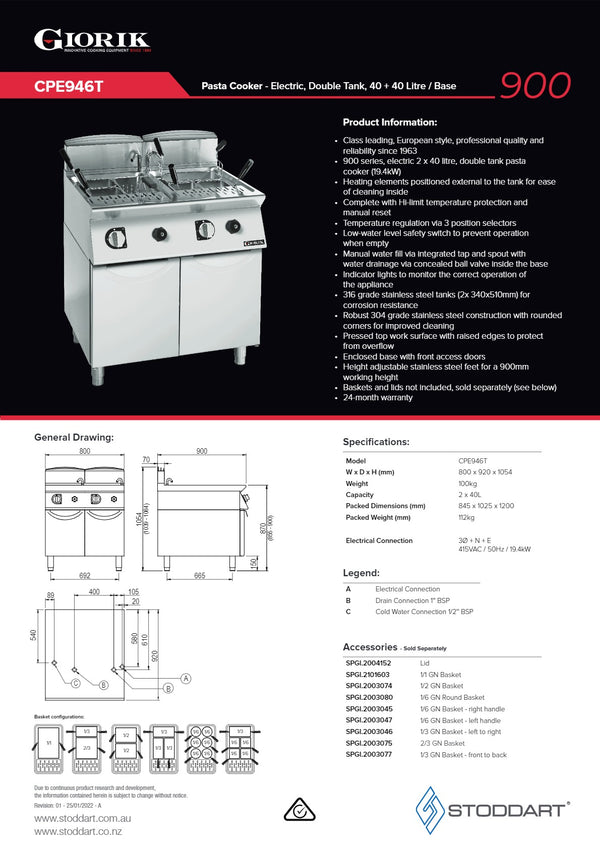 Giorik CPE946T - Double Tank Pasta Cooker