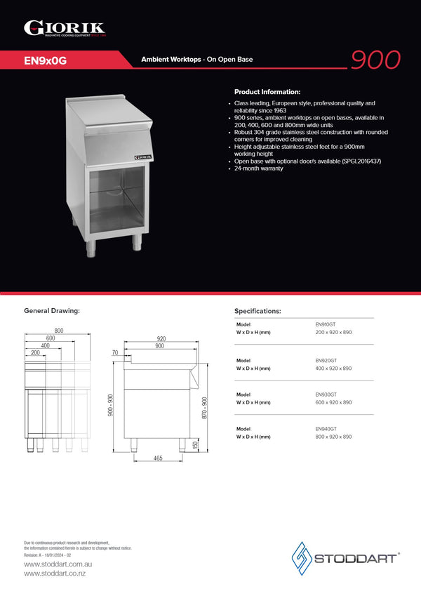 Giorik EN920G - Stainless Steel Work Top on Open Base