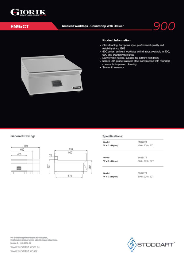 Giorik EN93CT - Stainless Steel Work Top with Drawer