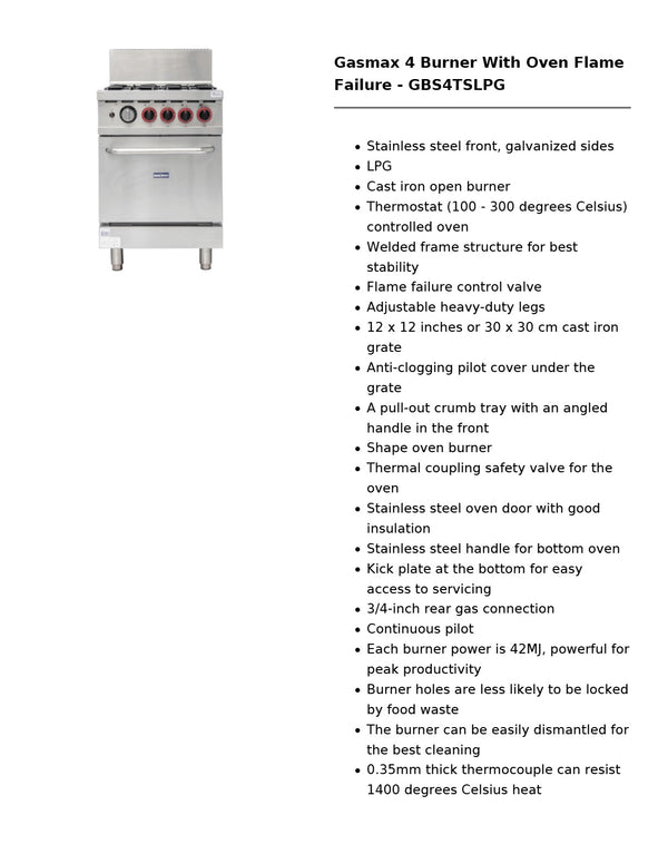 Gasmax GBS4TSLPG - 4 Burner Range Oven