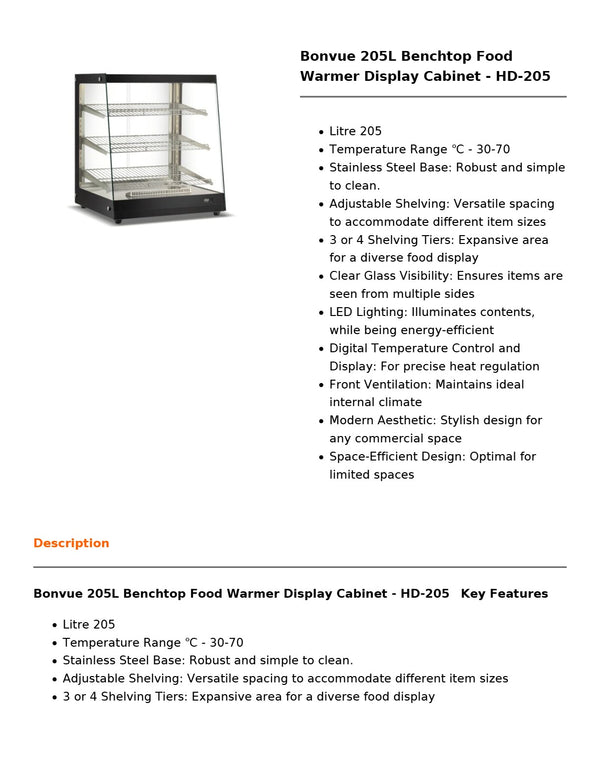 Bonvue HD-205 - Benchtop Food Warmer Display Cabinet