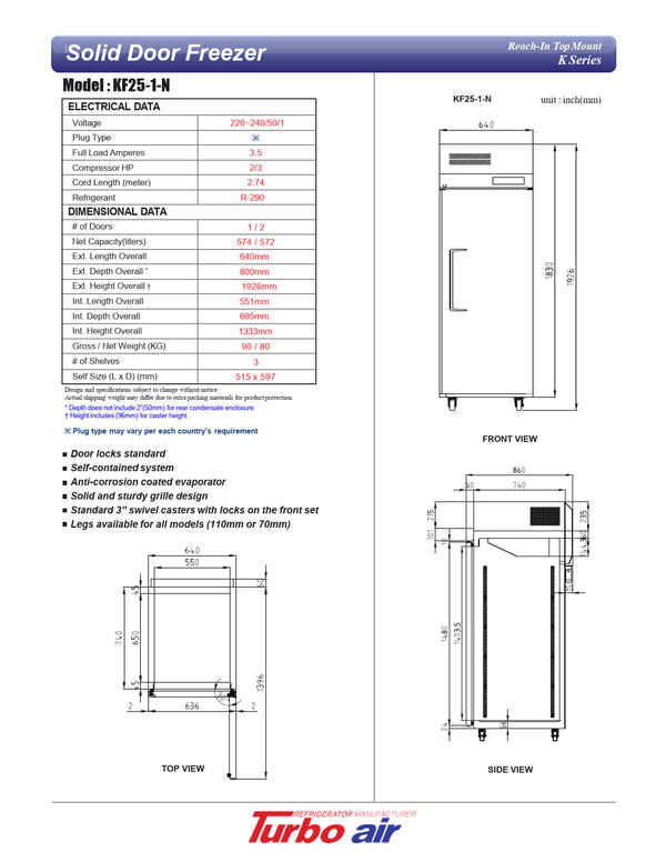 Turbo Air KF25-1-N - Single Solid Door Freezer