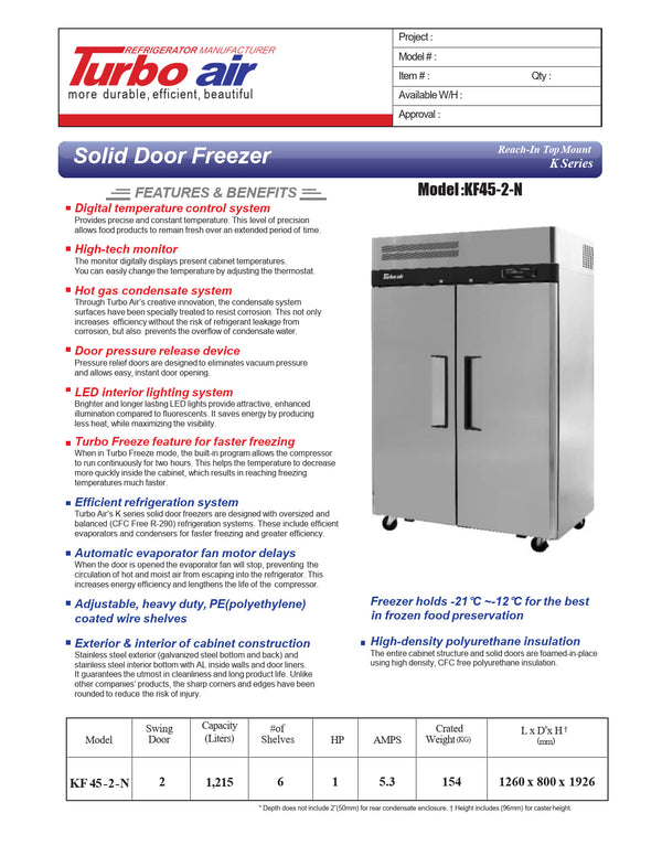 Turbo Air KF45-2-N - Double Solid Door Freezer