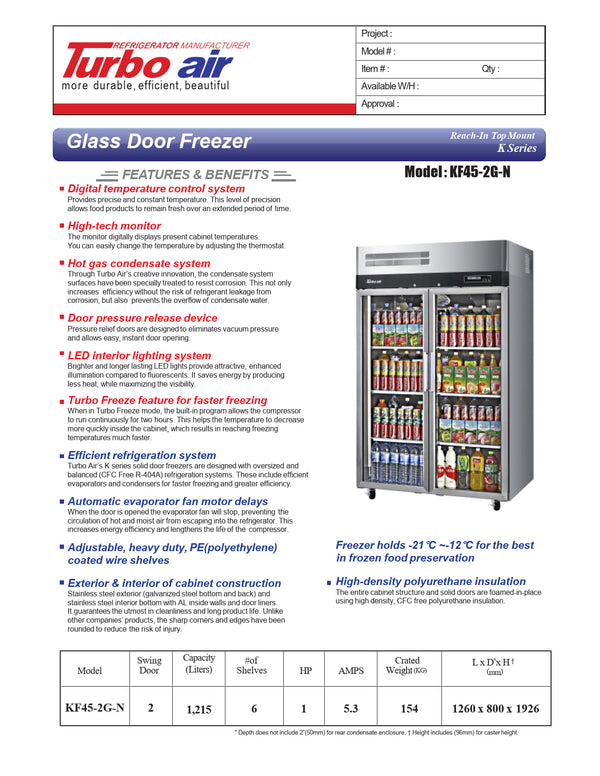 Turbo Air KF45-2G-N - Double Glass Door Freezer