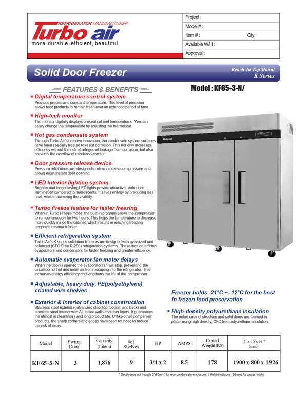 Turbo Air KF65-3-N - Triple Solid Door Freezer