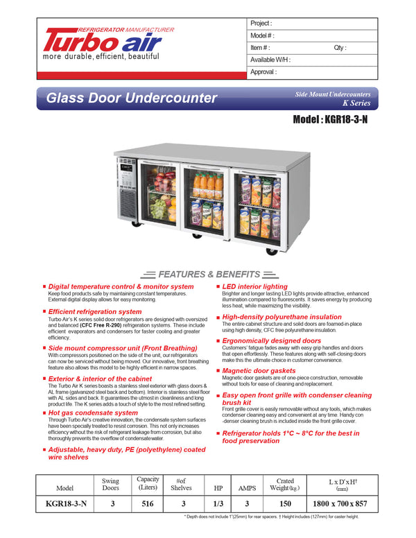 Turbo Air KGR18-3-N - 1800mm Triple Glass Door Refrigerator