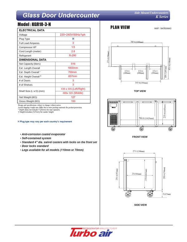 Turbo Air KGR18-3-N - 1800mm Triple Glass Door Refrigerator