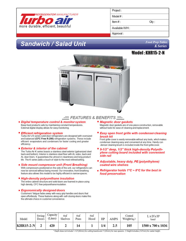 Turbo Air KHR15-2-N - 1500mm Double Solid Door Prep Fridge with Canopy