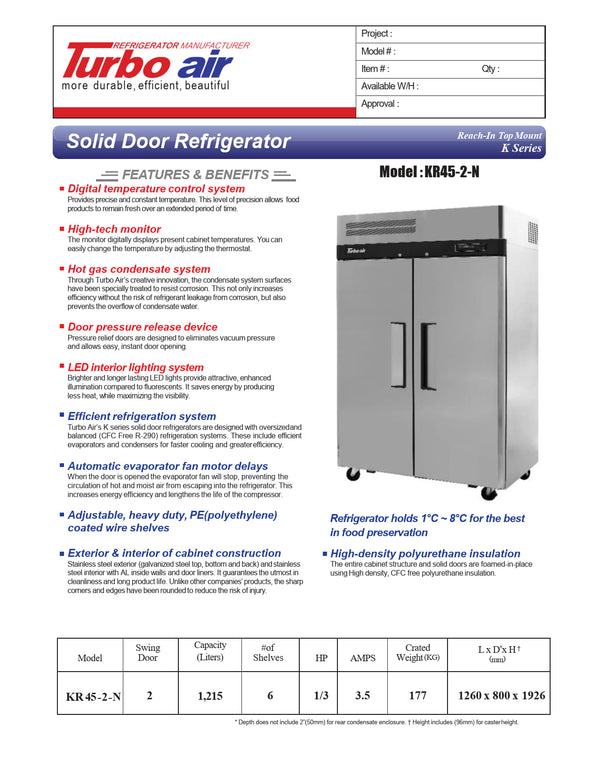 Turbo Air KR45-2-N - Double Solid Door Refrigerator