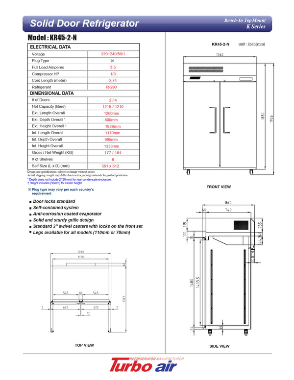 Turbo Air KR45-2-N - Double Solid Door Refrigerator