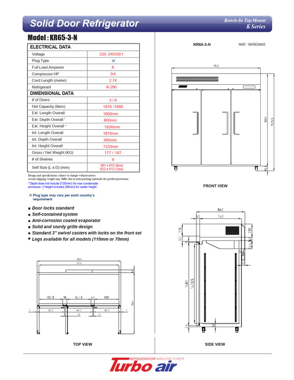 Turbo Air KR65-3-N - Triple Solid Door Refrigerator