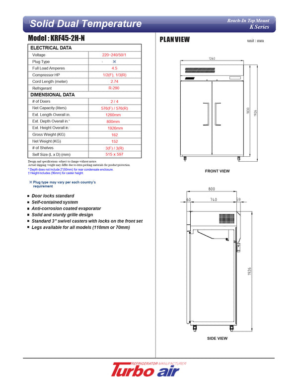 Turbo Air KRF-45-2H-N - Solid Door Refrigerator/Freezer