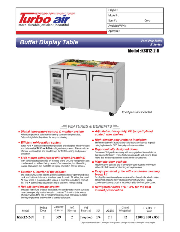 Turbo Air KSR12-2-N - 1200mm Double Solid Door Prep Fridge