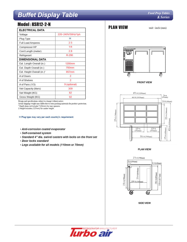 Turbo Air KSR12-2-N - 1200mm Double Solid Door Prep Fridge