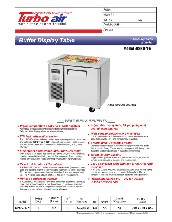 Turbo Air KSR9-1-N - 900mm Single Solid Door Prep Fridge
