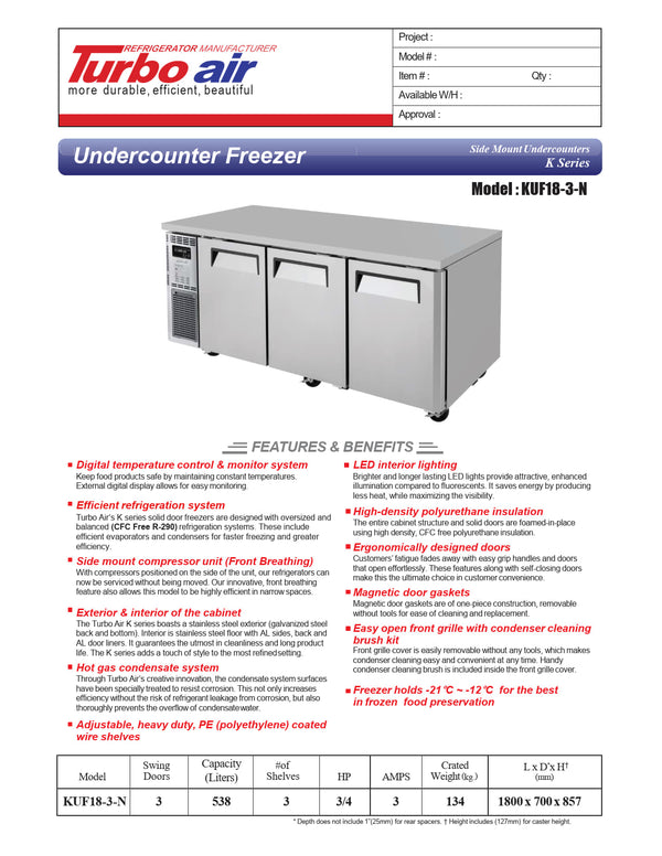 Turbo Air KUF18-3-N - 1800mm Triple Solid Door Freezer
