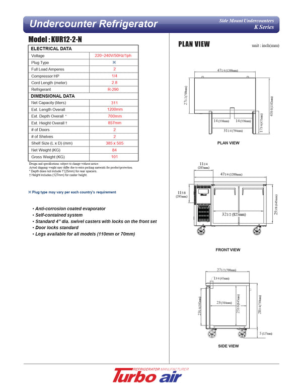 Turbo Air KUR12-2-N - 1200mm Double Solid Door Refrigerator