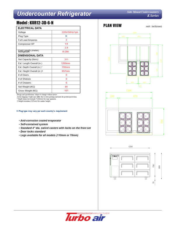 Turbo Air KUR12-3D-6N - 1200mm Six Solid Drawer Refrigerator