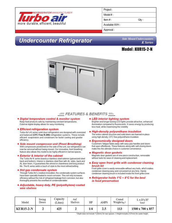 Turbo Air KUR15-2-N - 1500mm Double Solid Door Refrigerator