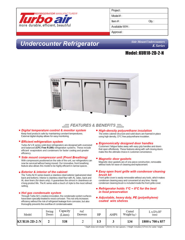 Turbo Air KUR18-2D-2-N - 1800mm Double Solid Door & Double Drawer Refrigerator