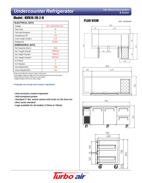 Turbo Air KUR18-2D-2-N - 1800mm Double Solid Door & Double Drawer Refrigerator