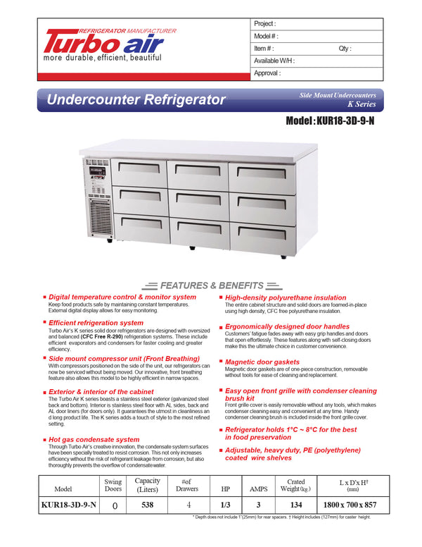 Turbo Air KUR18-3D-9N - 1800mm Solid 9 Drawer Refrigerator