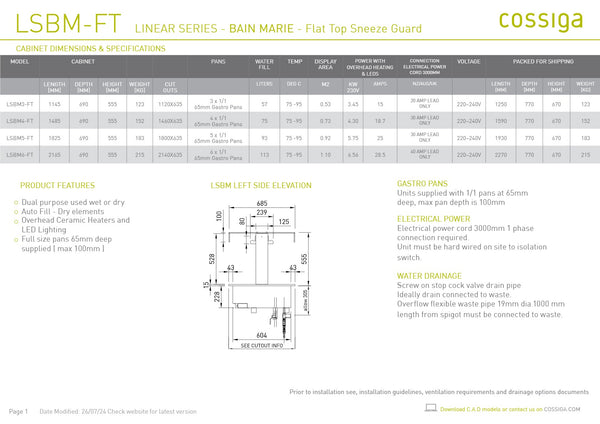 Cossiga Linear Series LSBM4-FT - Bain Marie with Flat Top Sneeze Guard