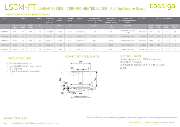 Cossiga Linear Series LSCM3-FT - Ceramic Hotplate with Flat Top Sneeze Guard