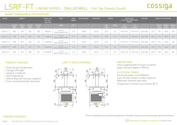 Cossiga Linear Series LSRF4-FT - Drop-In Chilled Well with Flat Top Sneeze Guard