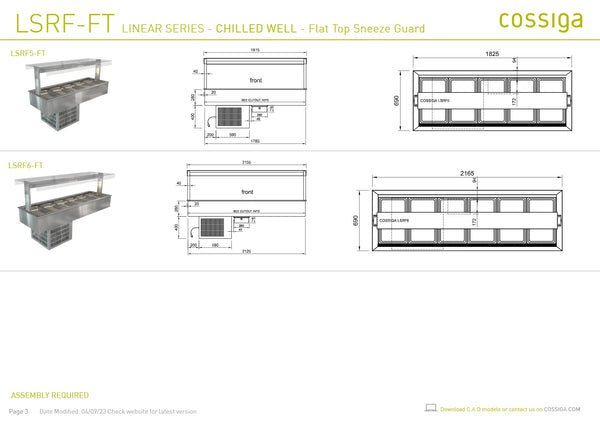 Cossiga Linear Series LSRF6-FT - Drop-In Chilled Well with Flat Top Sneeze Guard