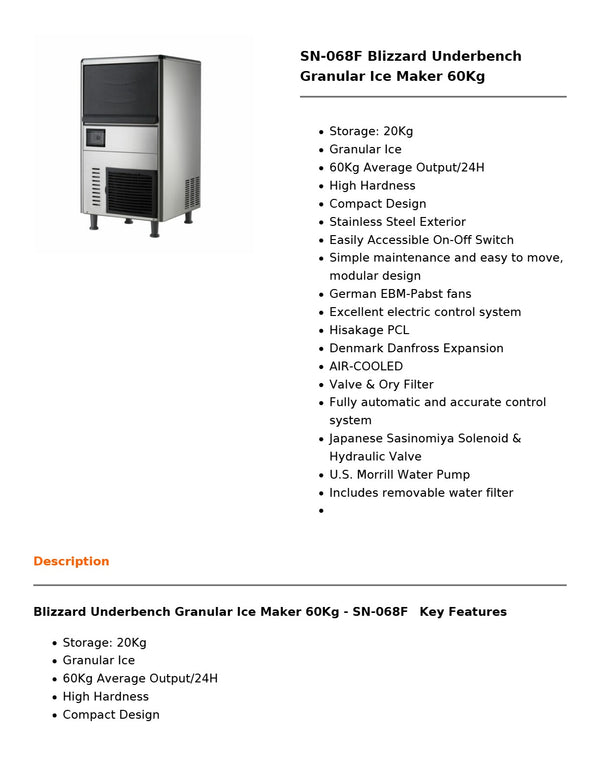Blizzard SN-068F - Underbench Granular Ice Maker