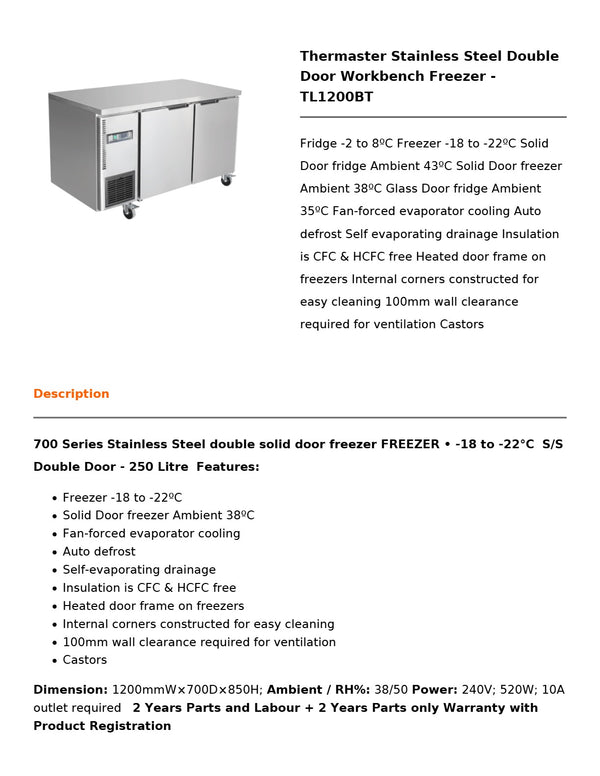 Thermaster TL1200BT - Work Bench Freezer