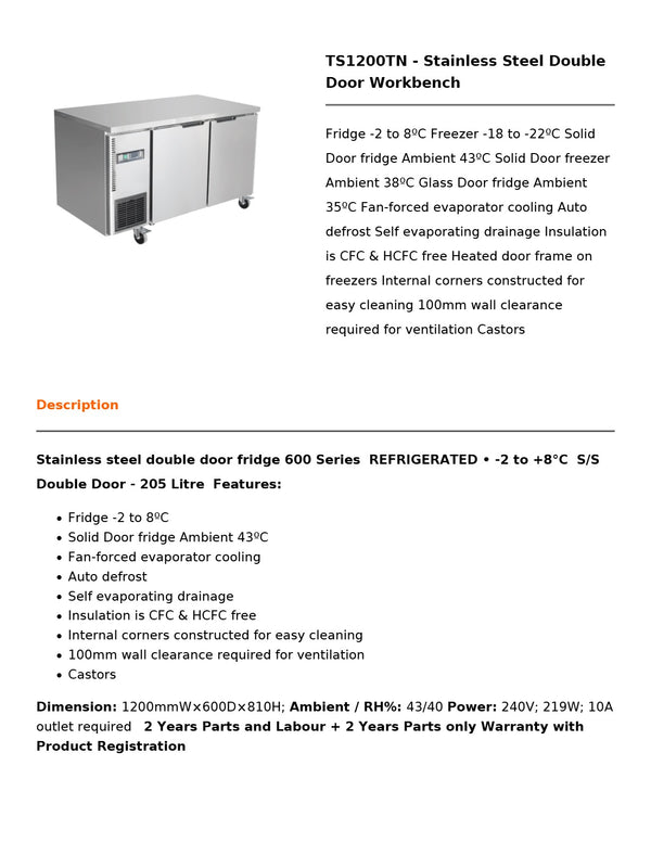 Thermaster TS1200TN - Work Bench Fridge