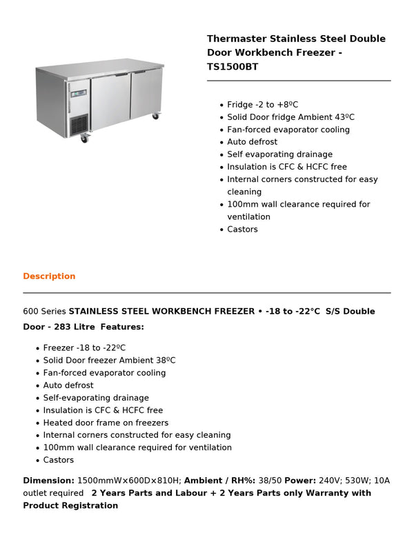 Thermaster TS1500BT - Work Bench Freezer
