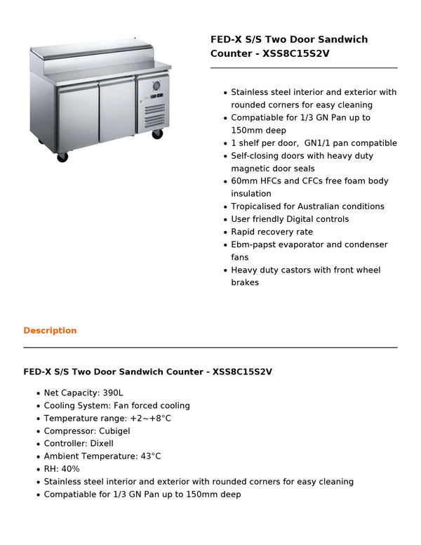 FED-X XSS8C15S2V - Sandwich Counter
