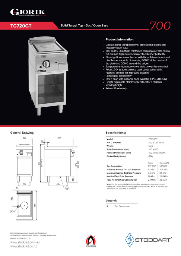 Giorik 700 Series TG720GT - Cook Top With Open Base