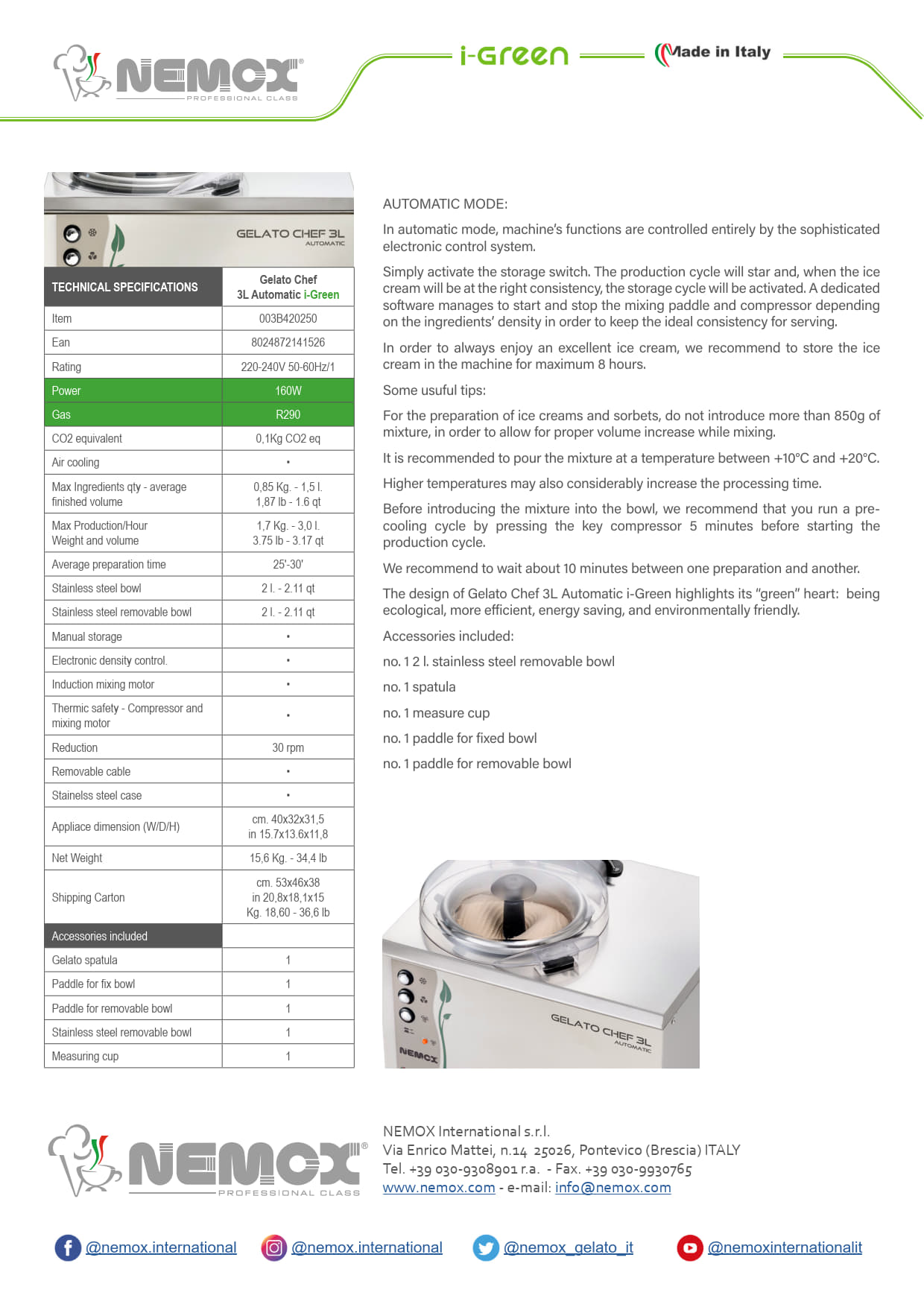 Sammic 3L Auto I-Green - Ice Cream Machine