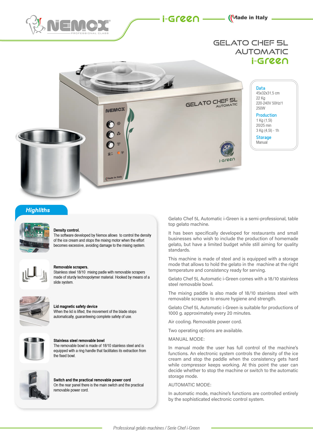 Sammic 5L Auto I-Green - Ice Cream Machine