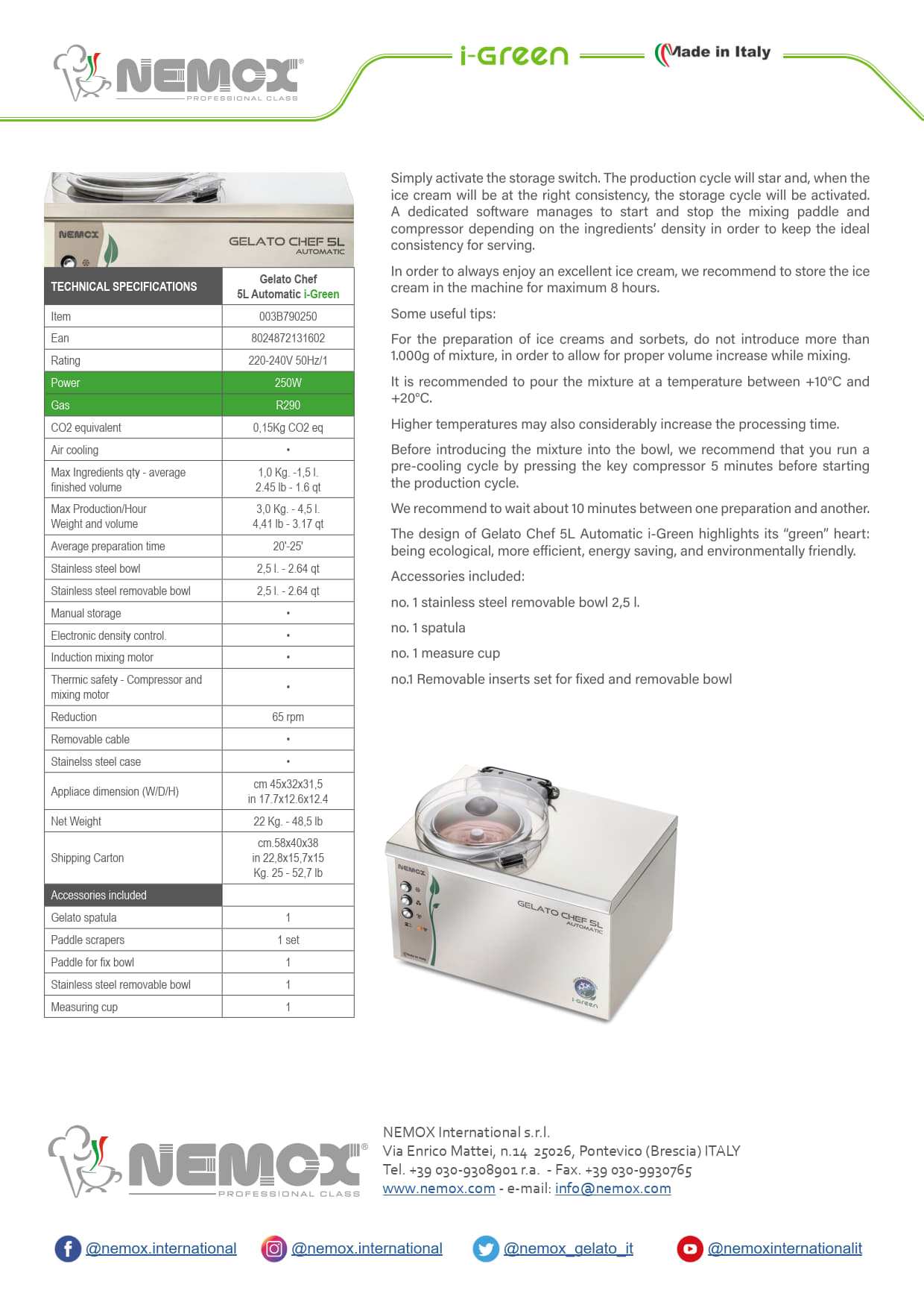 Sammic 5L Auto I-Green - Ice Cream Machine