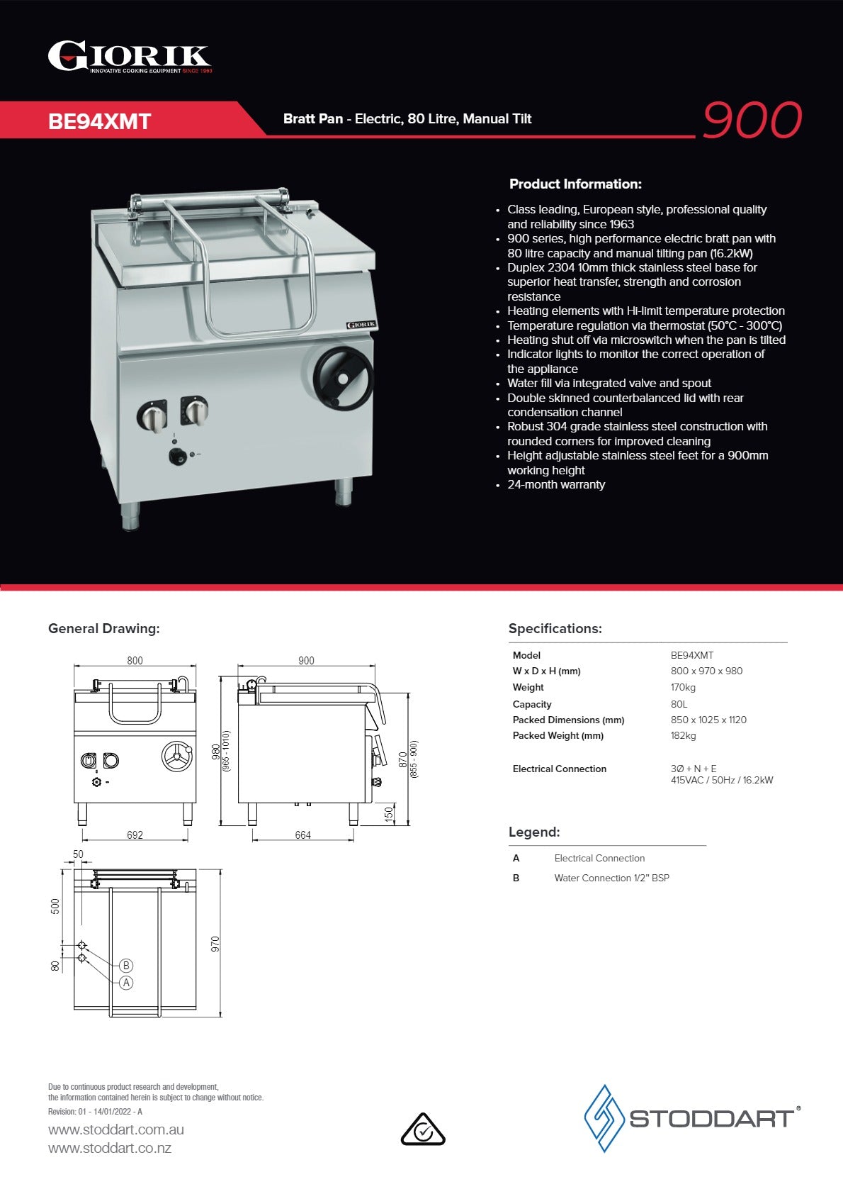 Giorik BE94XMT - Manual Tilt Bratt Pan